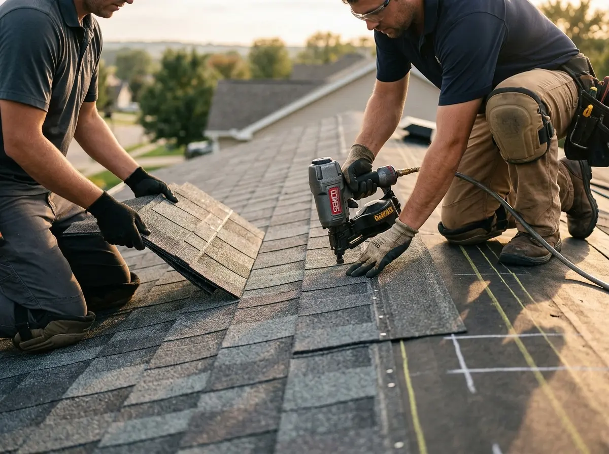 Professional roofer working on a residential roof in Vadnais Heights